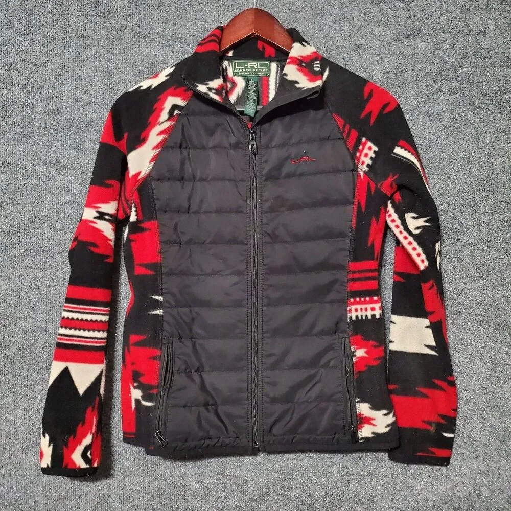 Lauren Ralph Lauren Jacket Women Small Red Aztec Southwest Fleece Full Zip LRL